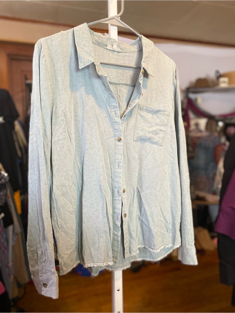 Mystree Pale Blue Lightweight Button-Down Shirt with Raw Hem